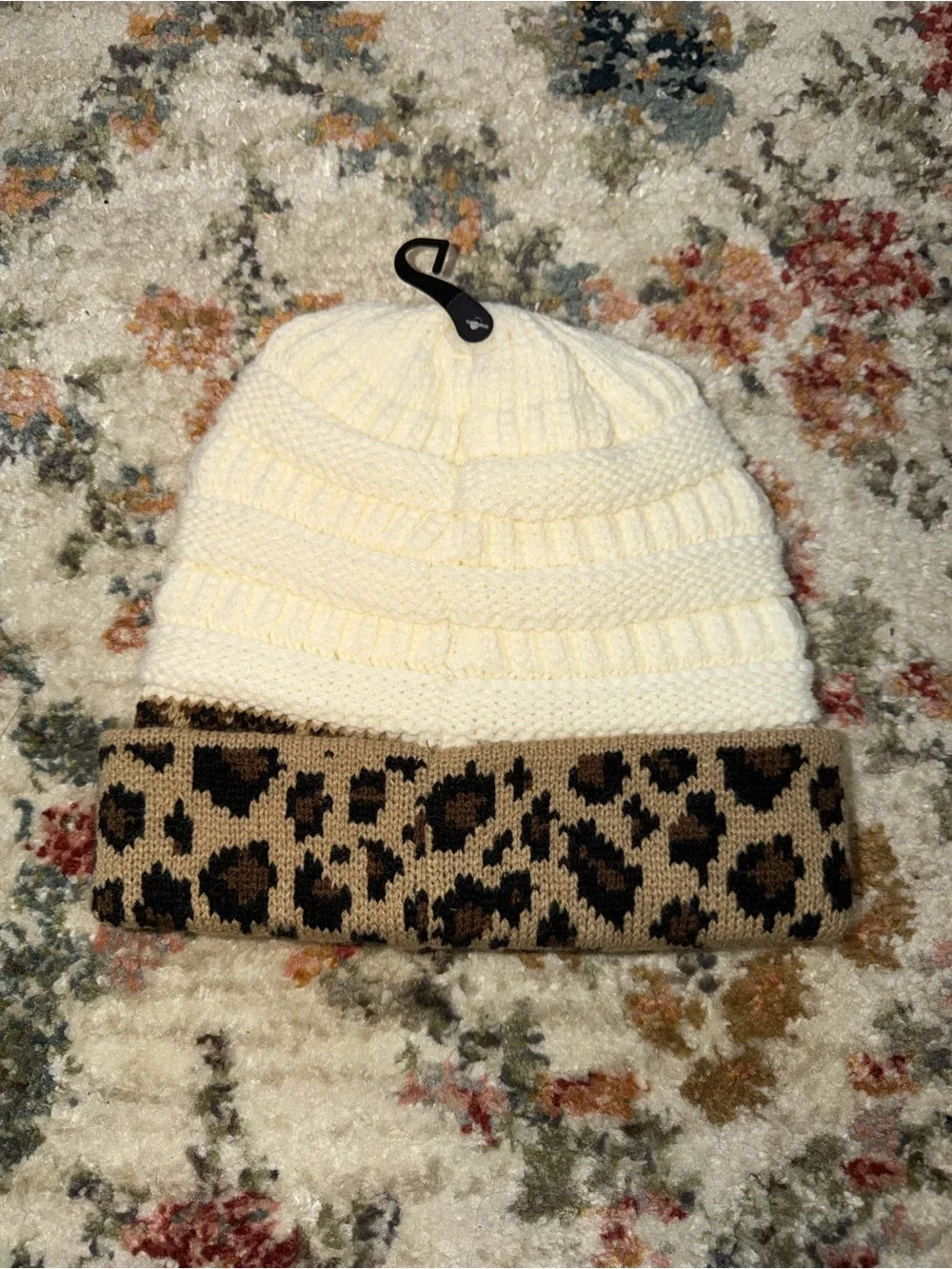 C.C Cream Beanie with Leopard Cuff